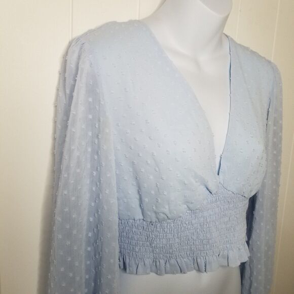 Women's Cropped Blue Sheer Balloon Sleeve Top - Picture 3 of 8